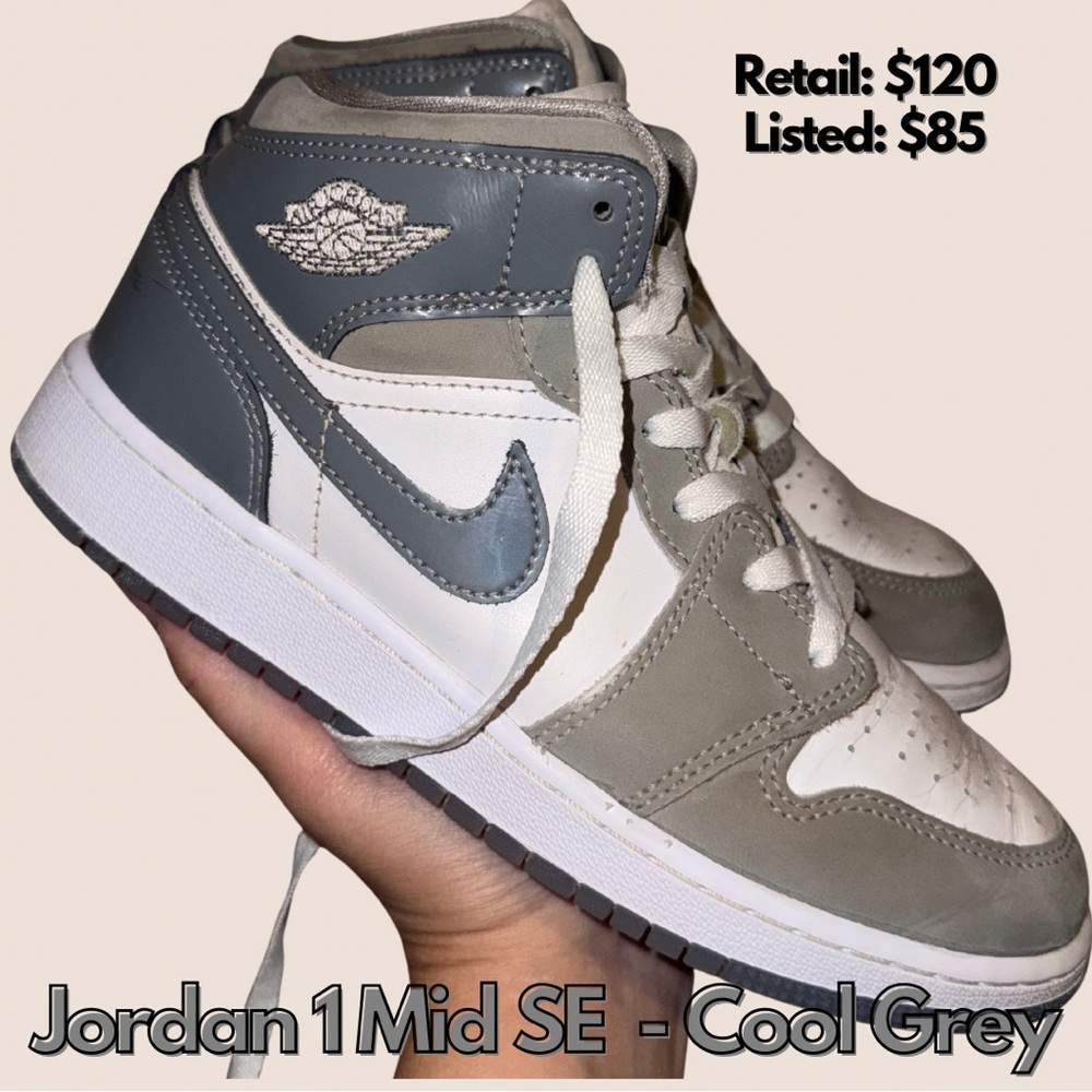 Jordan 1 Mid SE AIR JORDANS SNEAKERS in White/Grey Grade School 5Y (Women’s 6.5)